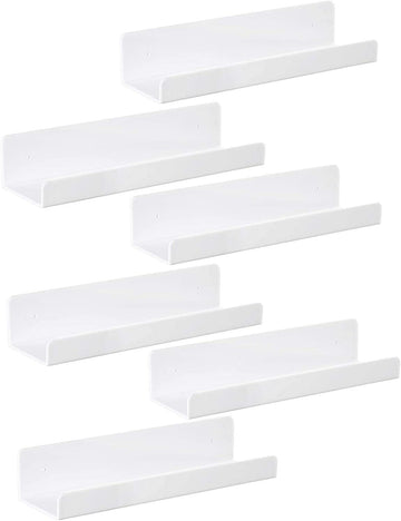 6 PCS White Acrylic Floating Shelves Display Ledge,Wall Mounted Nursery Kids Bookshelf,15 Inch Bathroom Wall Shelf