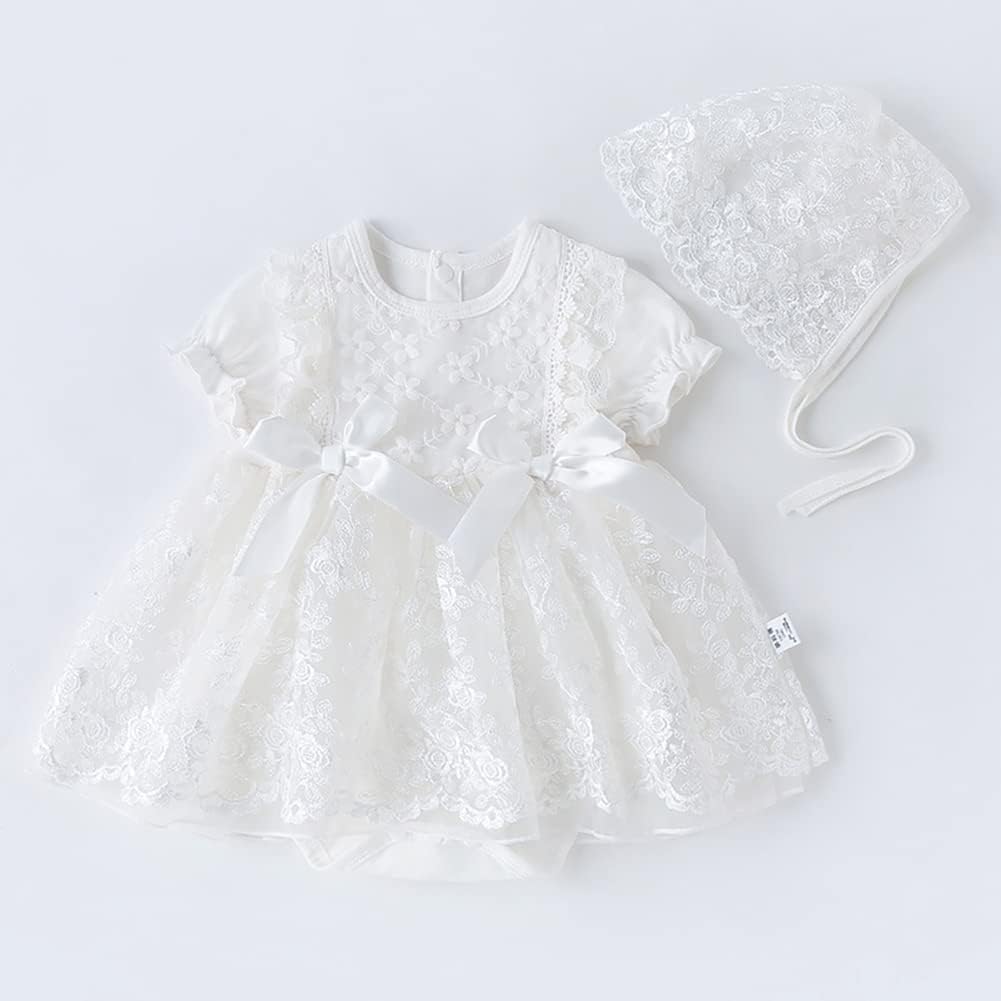 Baby Girl Long Sleeve Fall Dress Flower Lace Wedding First Birthday Baptism Christening Dresses with Hat Outfit