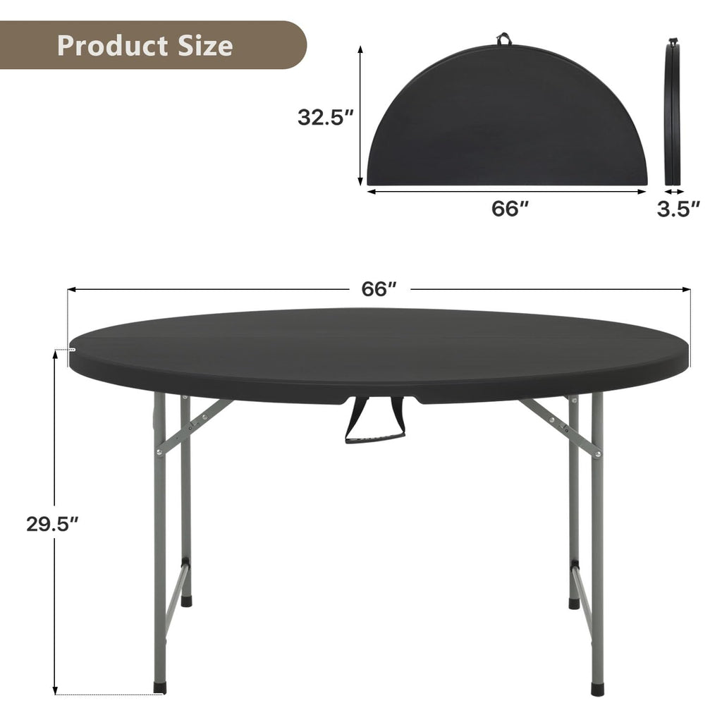 5.5ft Round Folding Table with Carry Handle, 66 Inch, Black