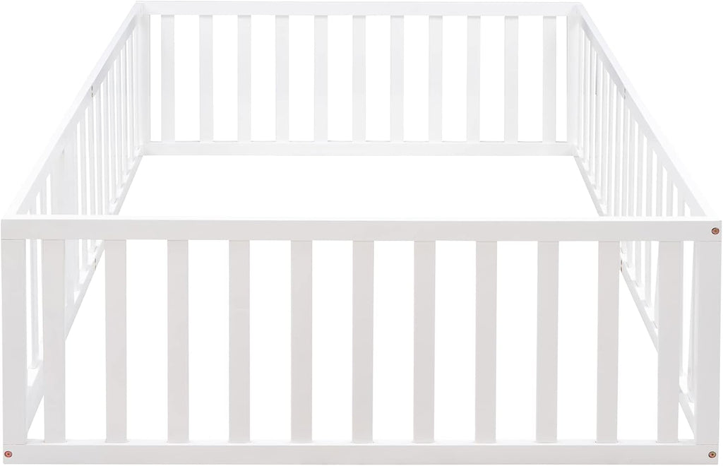Montessori Floor Bed Frame with High Fence and Door, Full Floor Bed for Kids, Girls & Boys, Easy Assemble Montessori