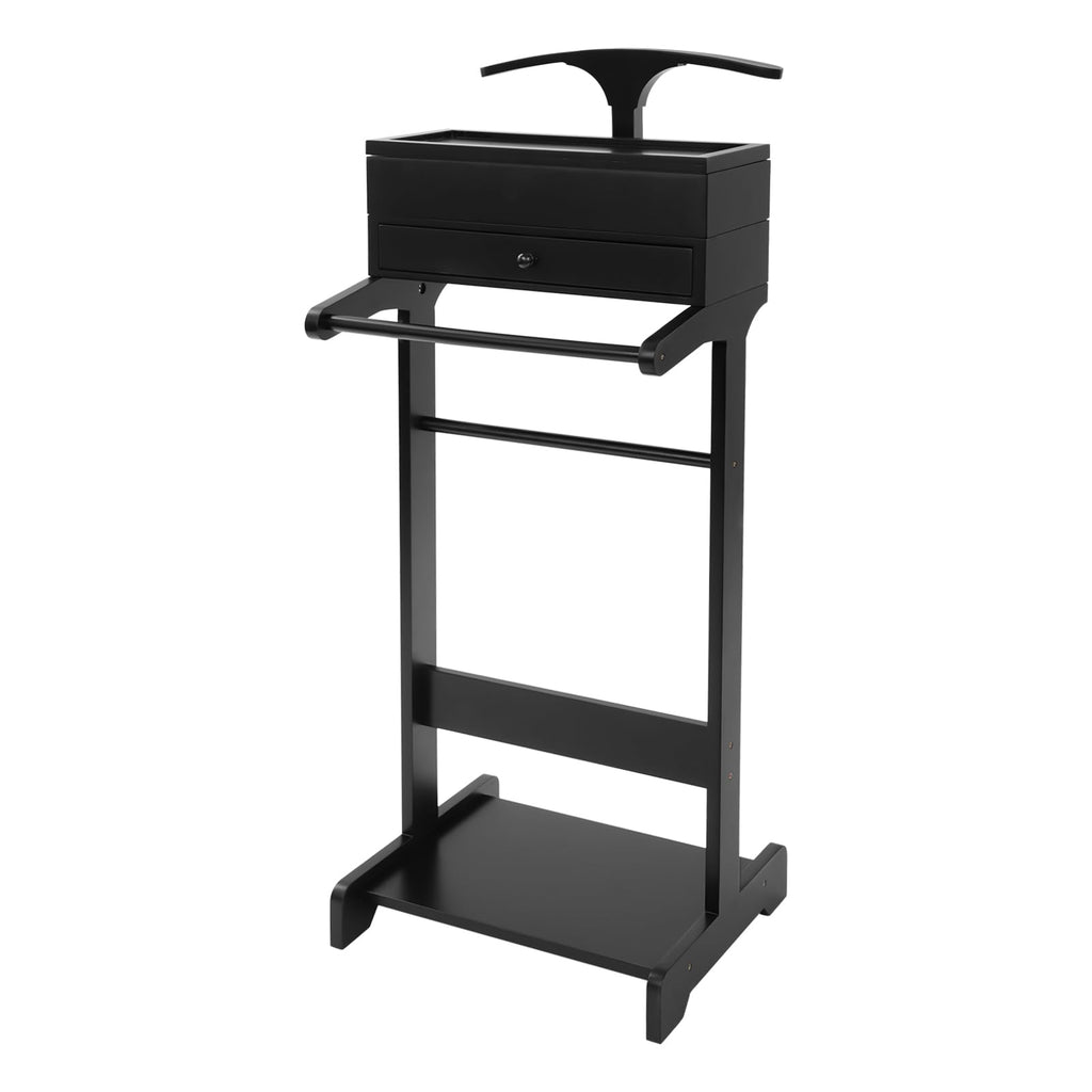 Wooden Valet Stand for Men, Black Suit Valet Stand with Drawer, Suit Rack, Shoe Shelf, Valet Clothes Stand Clothing