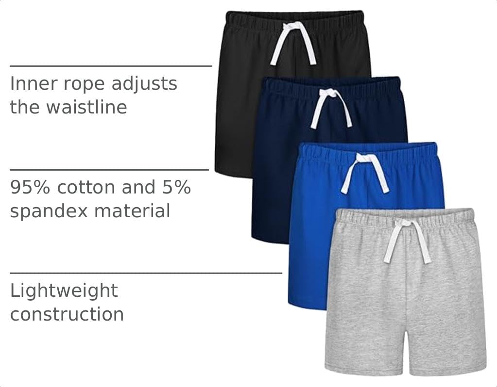 4 Pack Toddler Boys Cotton Shorts with Drawstring Casual Short Elastic Waist Boys Pull-on Soft Shorts for Summer