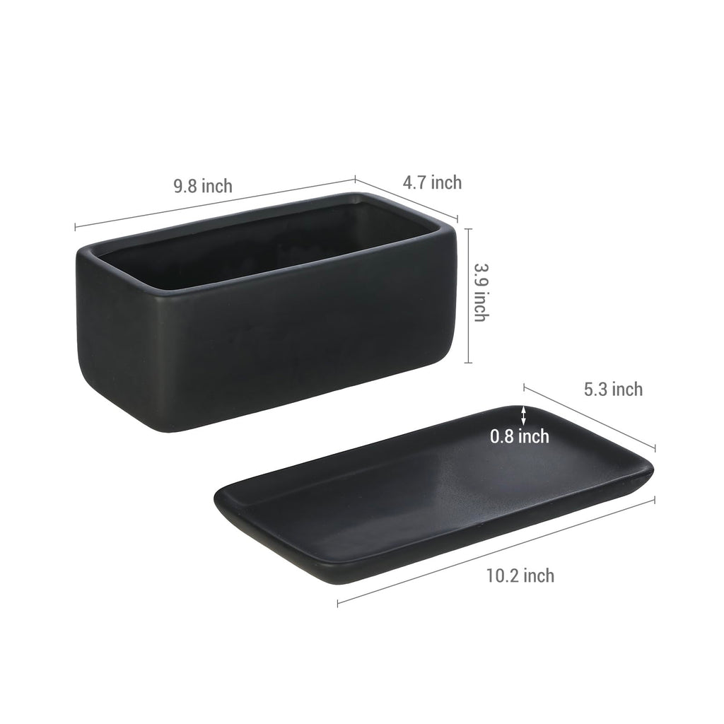 10 Inch Matte Black Ceramic Succulent Planter with Tray