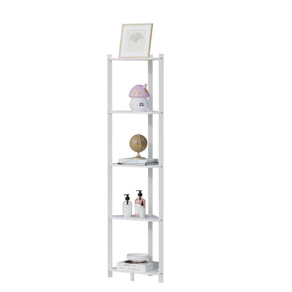 Bamboo Tall Corner Shelf Stand, 5-Tier White Corner Bookshelf