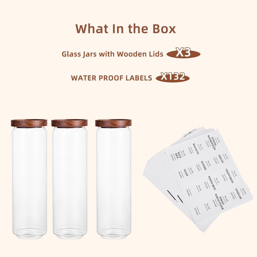 Glass Pantry Storage Jars with Acacia Airtight Lid, 50 OZ Kitchen Canisters with Wood Lid and 132 Pantry Labels, Food