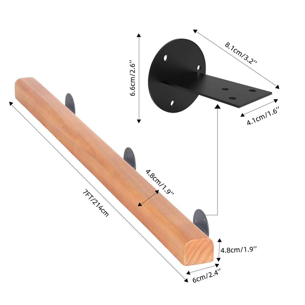 7FT Wood Stair Handrails Wall Mount, Single Piece Staircase Hand Railings