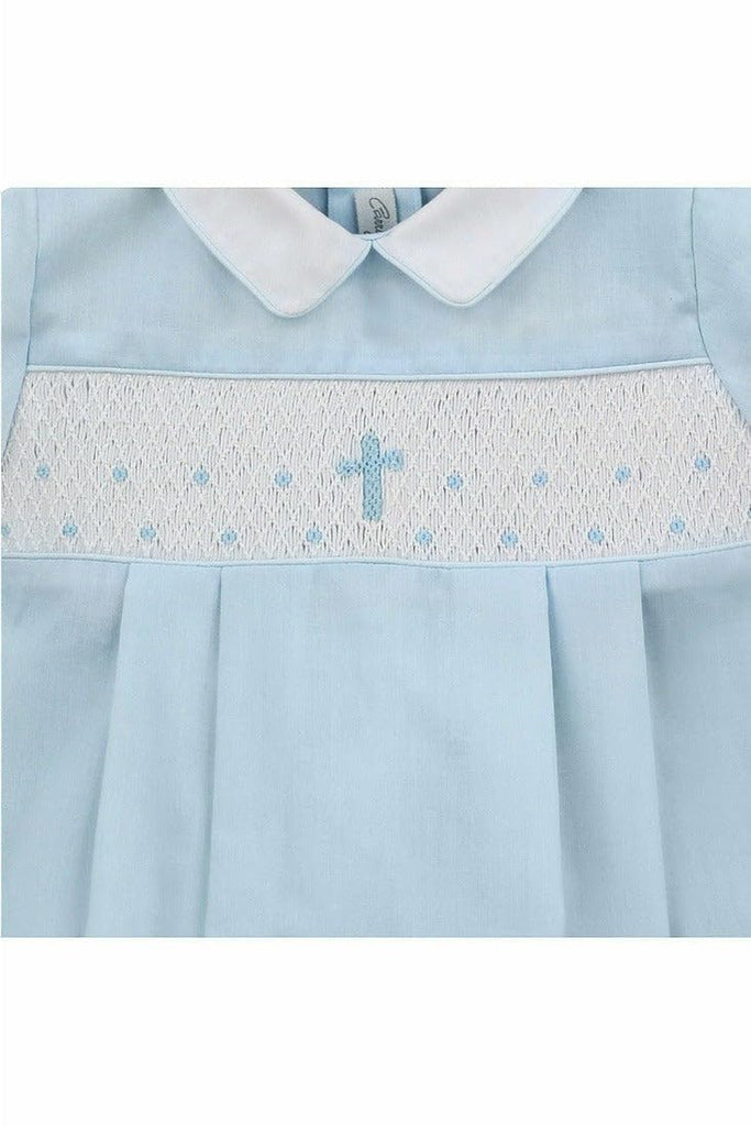 Baby Boy Blue Hand Smocked Cross Bubble Romper, Baptism