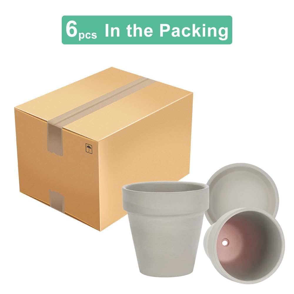 5 Inch Grey Terracotta & Clay Pots with Saucer, 6 Pack