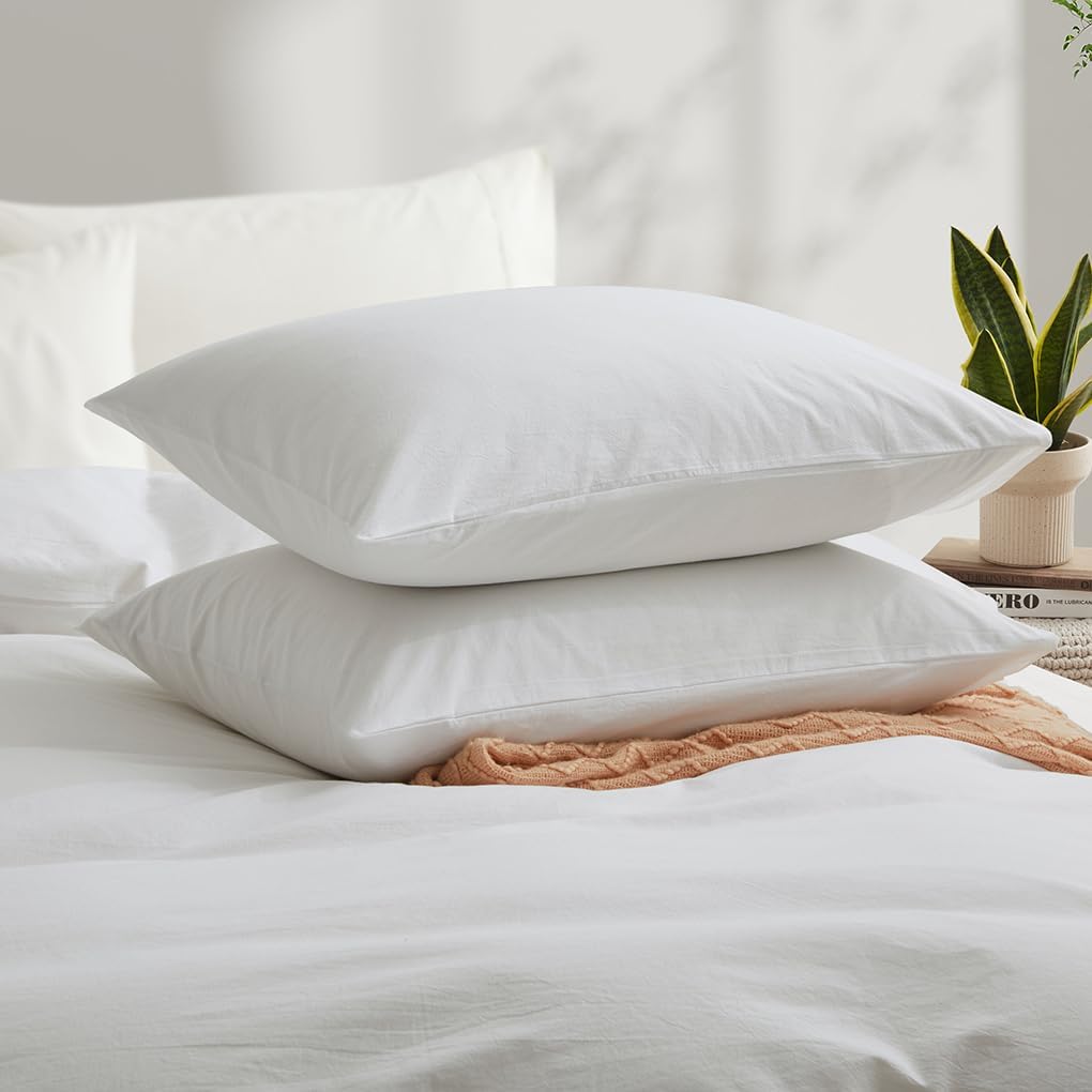 100% Washed Cotton Duvet Cover Queen, White Linen Like Breathable Natural Bedding Set (No Comforter), 90x90 Inches