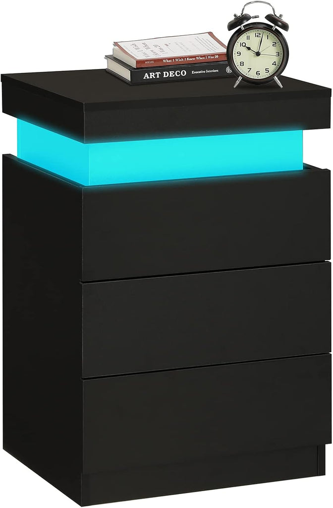 Black Nightstand with Charging Station and LED Lights | Modern Night Stand with Sliding Top,Bedside Table with