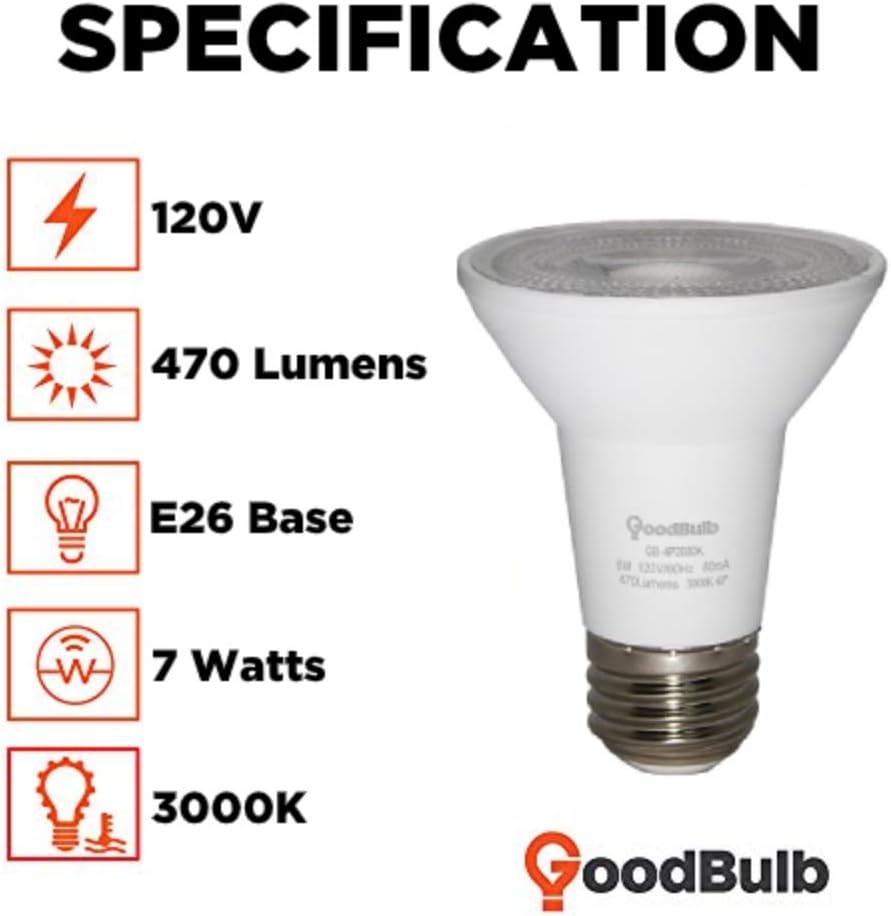 Commercial Grade LED Light Bulb - 7 Watt & 470 Lumens - Features PAR20 Shape & E26 Base - 3000K Warm White Light