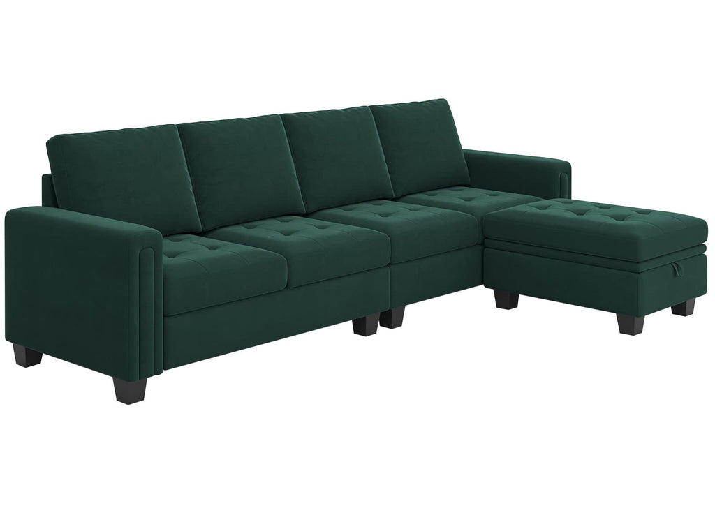 Velvet Reversible Sectional Sofa with Chaise Convertible L Shaped 4-seat Sectional Couch with Storage Ottoman Green