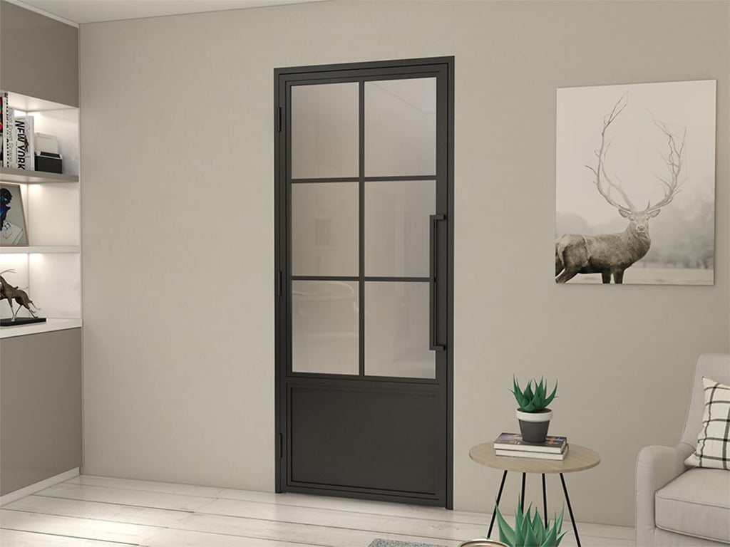 36 in. x 84 in. 6 Lite Frost Glass Black Steel Frame Prehung Interior Door with Door Handle