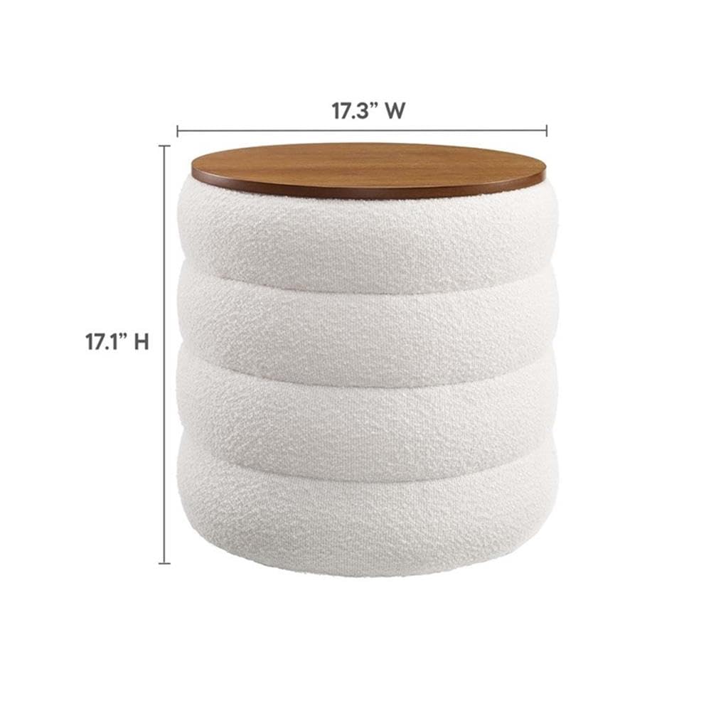 Mezzo Round Boucle Fabric Storage Ottoman Stool in Cloud - Channel Tufted Ottoman - Upholstered Footrest - Versatile