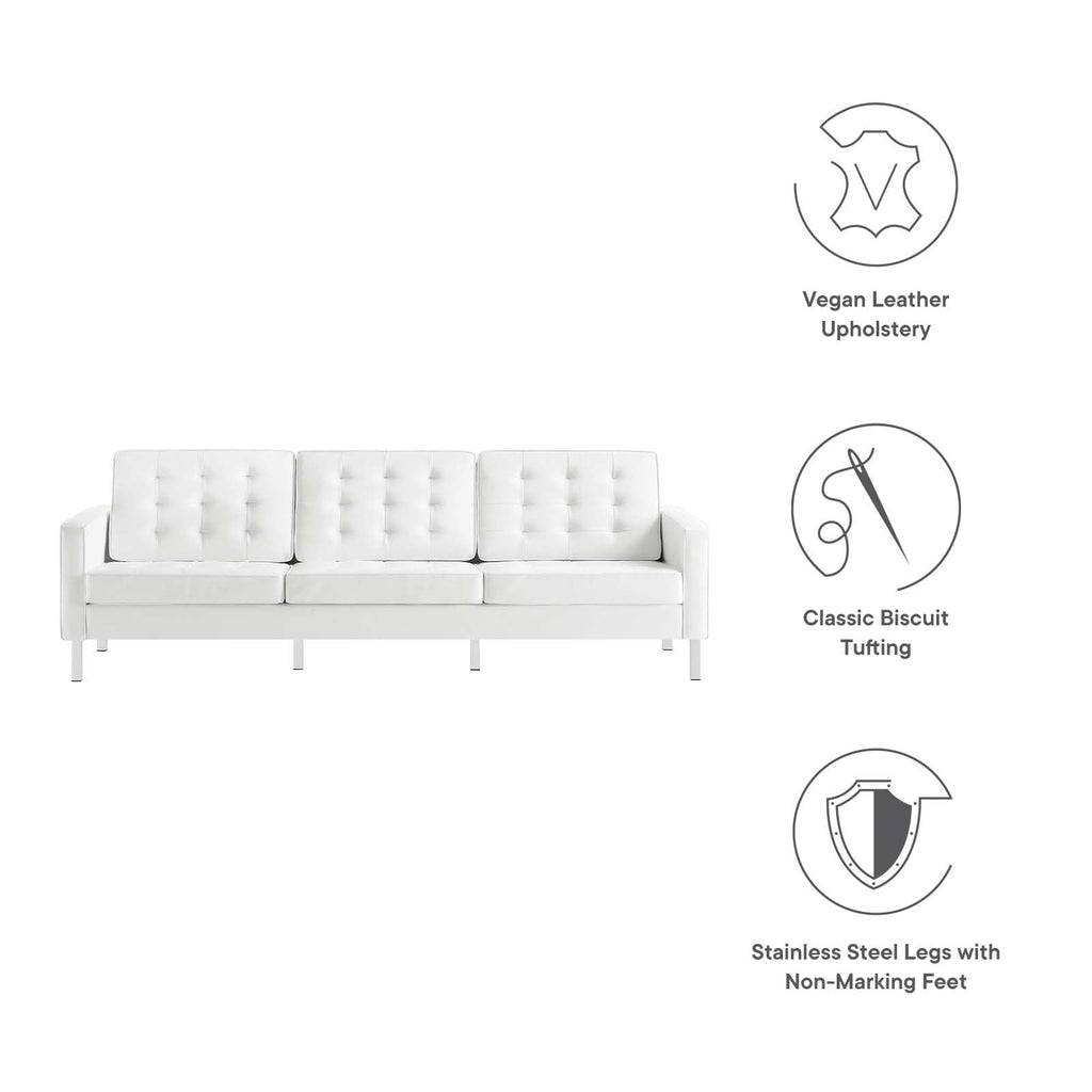 Loft Tufted Button Faux Leather Upholstered Sofa in Silver White