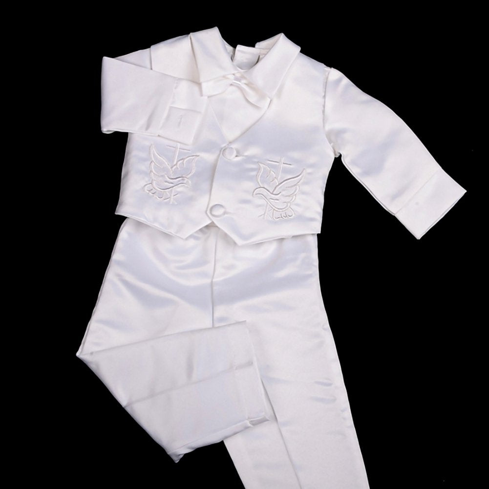 Baby Boys Baptism Christening Clothing Outfit White Satin Suit 4 Piece Set with Bonnet Months Long Sleeve