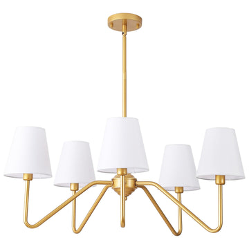 30.5" 5 Arms Gold Chandelier, 5 Lights Kitchen Island Lighting with White Fabric Shade, Dining Room Light Fixture