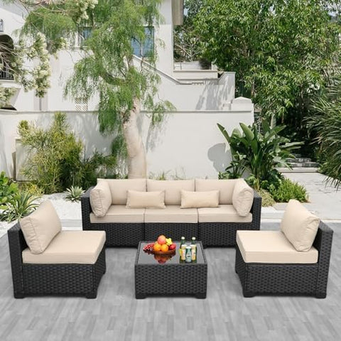 6-Piece Wicker Outdoor Patio Furniture Set | Khaki All-Weather Resistant for Patio, Garden & Porch