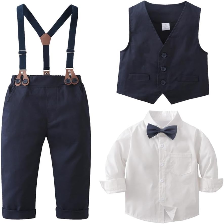 Toddlers Baby Boys Piece Vest Pants Outfit with Bow Tie and Suspenders Gentleman Suit Set for Wedding Birthday