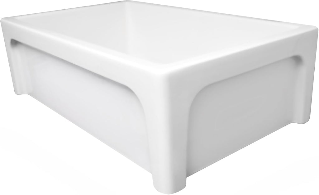 Kitchen Sink; 33" Fireclay Farmhouse Sink, Reversible Apron-Front with Vine Design and Beveled Front, White
