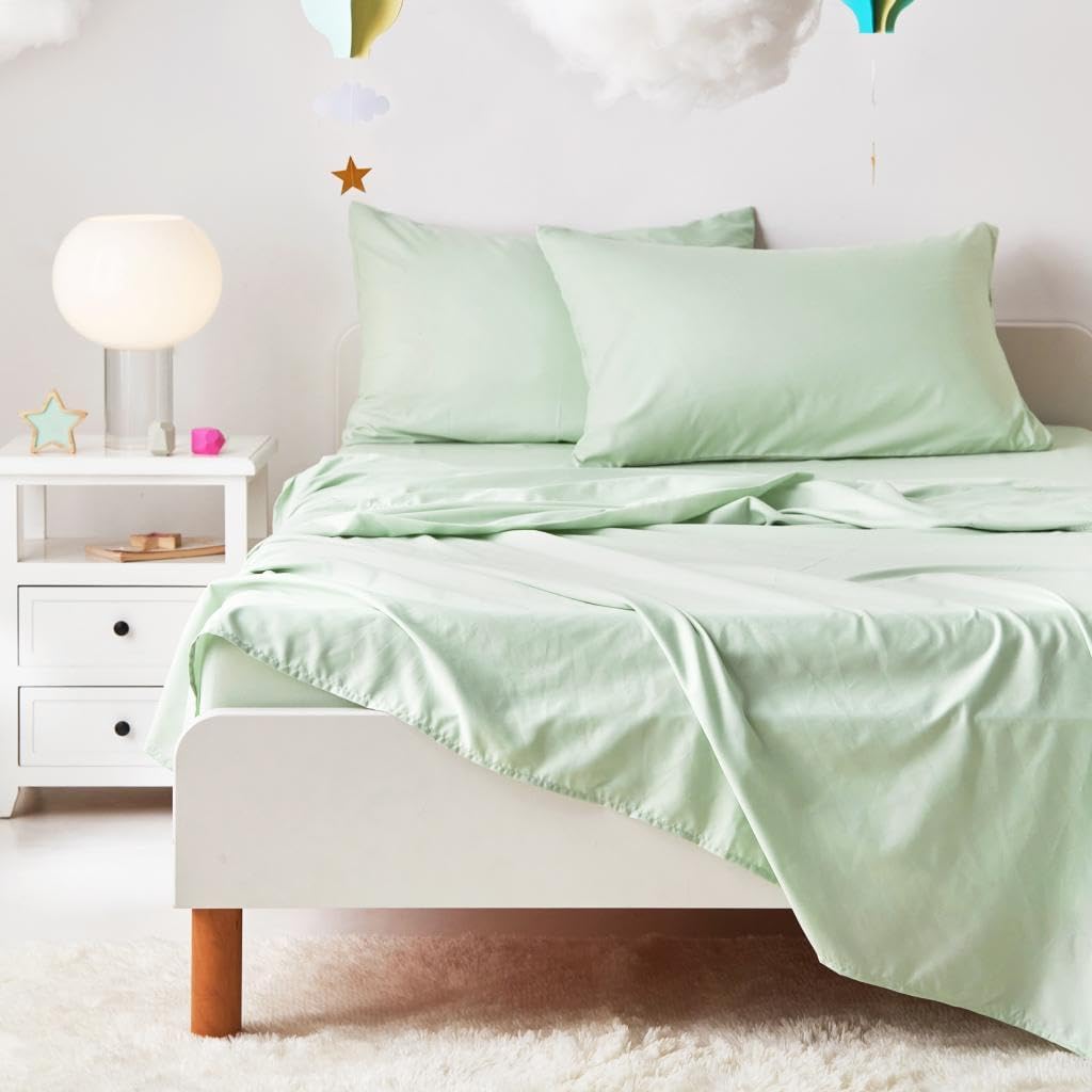 Floral Bedding Set for Girls, Cute Colorful Botanical Flowers Deers Patterned Soft Lightweight Comforter Set with Sheets, 7 Pieces Kids Bed in a Bag, Green Cream, Full Size