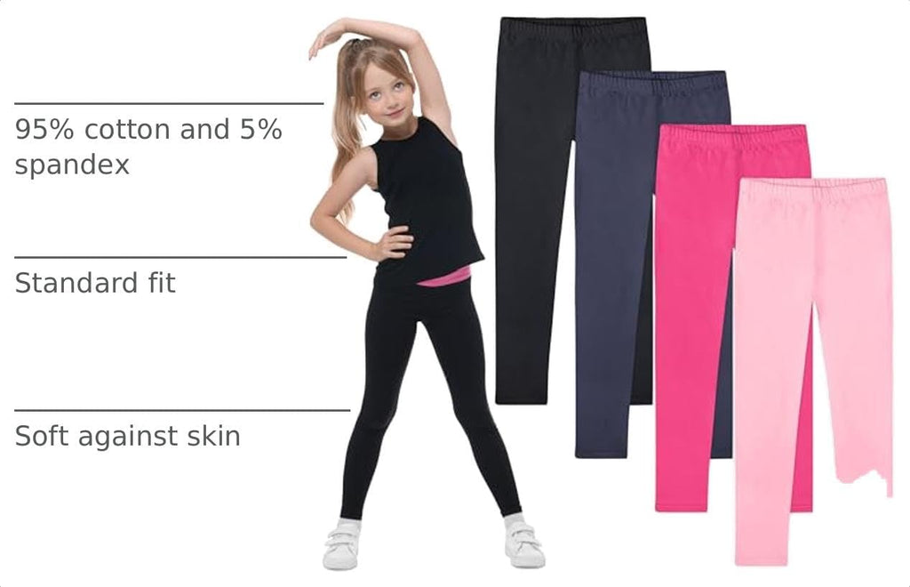 4 Pack Girls Cotton Leggings Stretchy Full Length Tight Pants