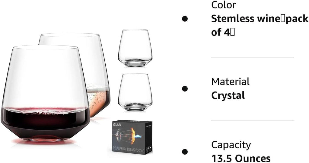 Stemless Wine Glasses Set of 4 13.5oz, Hand Blown Red White Wine Glasses Unique Gifts for Him Her for Birthday