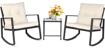 3 Piece Outdoor Rocking Bistro Set Black Wicker Furniture Porch Chairs Conversation Sets with Glass Coffee Table