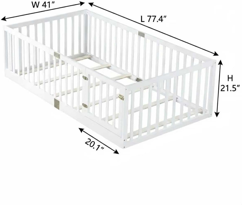 Twin Size Floor Bed with Slats and Door, Twin Size Montessori Floor Bed with High Fence, Low Profile Montessori Beds
