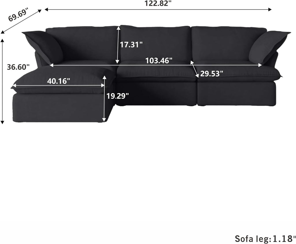 L Shape Sectional Couches, Sectional Sofa with Chaise Ottoman, Deep 3-Seats Modular Sectional Sofa, Cushion Covers Removable, Two Corners and A Middle Sofa for Living Room, Black A124-B0D17T182D
