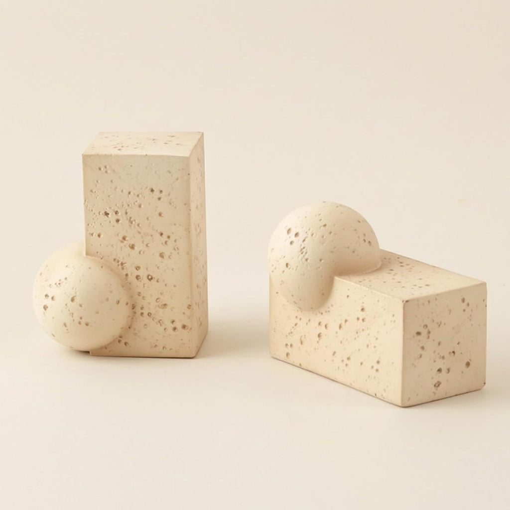Sculptural Bookends Stone-Look Geometric Bookends Beige Decor for Study Desk