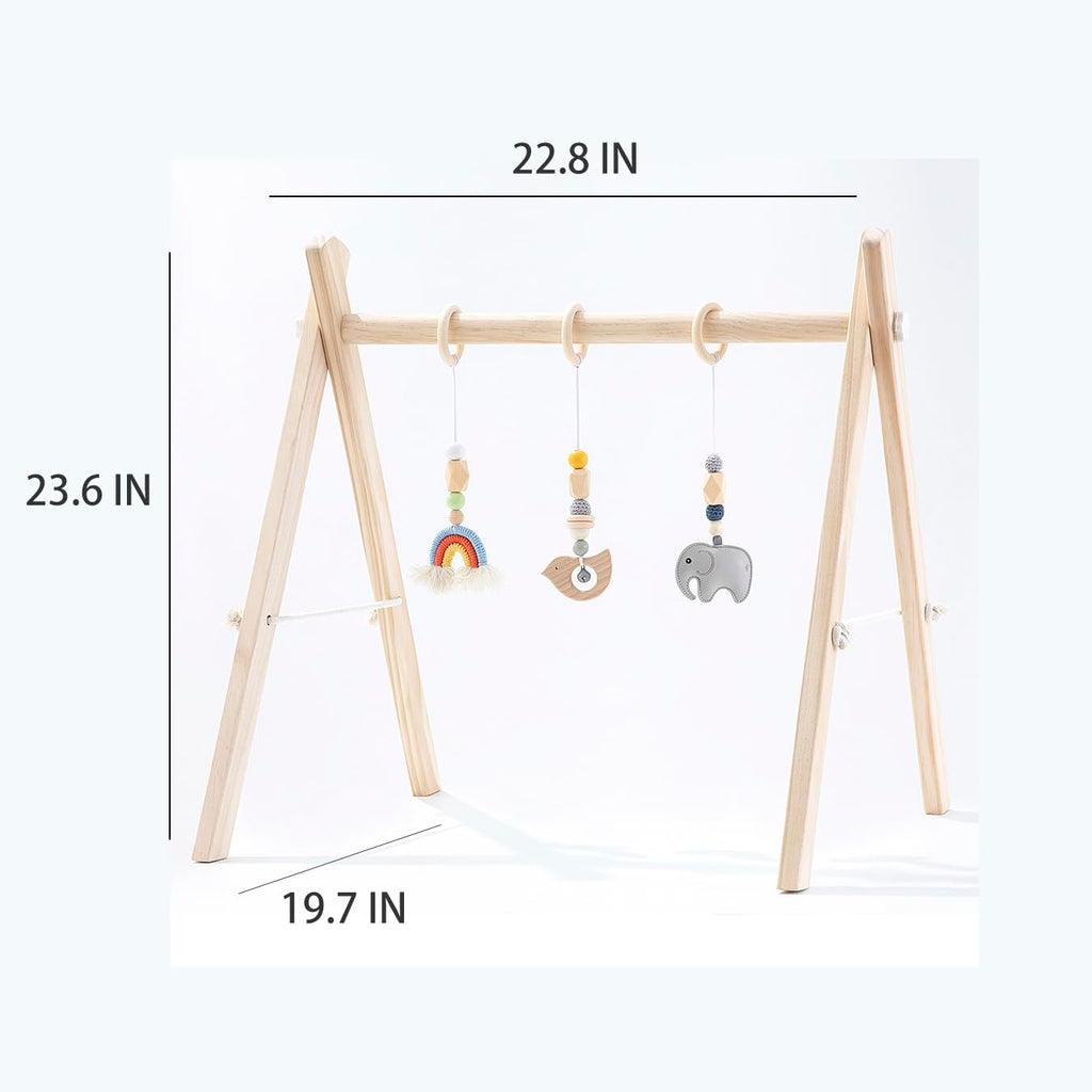 Wooden Baby Gym with 4 Hanging Toys, Natural Solid Wood Non-Toxic Play Gym for Tummy Time, Foldable Baby Activity