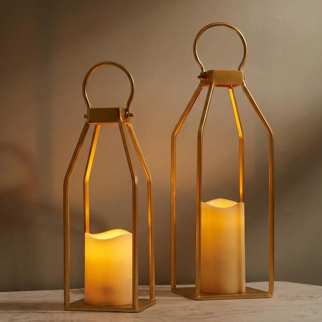 Modern Farmhouse Lantern Decor, 15'' 12.6'' Set of 2 Gold Metal Lanterns, 2 LED 6hr Timer Flameless Candles & Remote