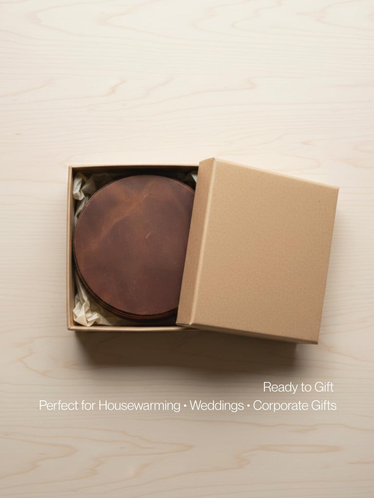 Real Natural Grain Leather Coasters - Durable Non-Slip Distressed Design for Table Protection in Home - Set of 6
