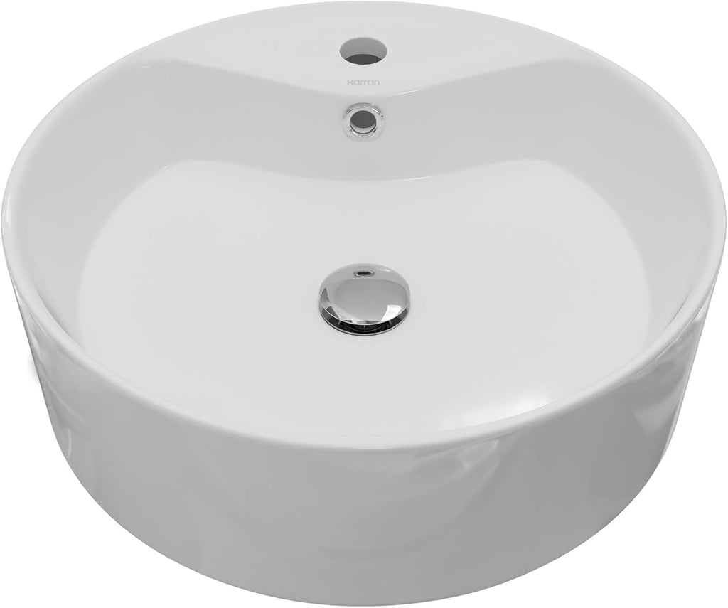 Karran Valera 18 Inch Round Vessel Bathroom Sink, Vitreous China Above Counter Vanity Sink with Overflow