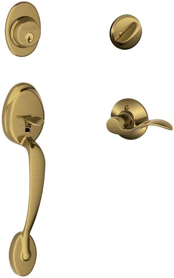 Plymouth Single Cylinder Handleset and Left Hand Accent Lever, Antique Brass (F60 PLY 609 Acc LH) Large - Door Handleset