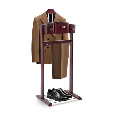 Suit Valet Stands with Hanger, Pant Hanger and Metal Shoe Rack Wood Modern Standing Hanger with Storage Organizer