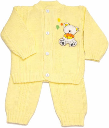 Rib-Stitch-Pattern Baby Outfit Cardigan & Pants for Boys & Girls with Baby Animals Embroidery Design