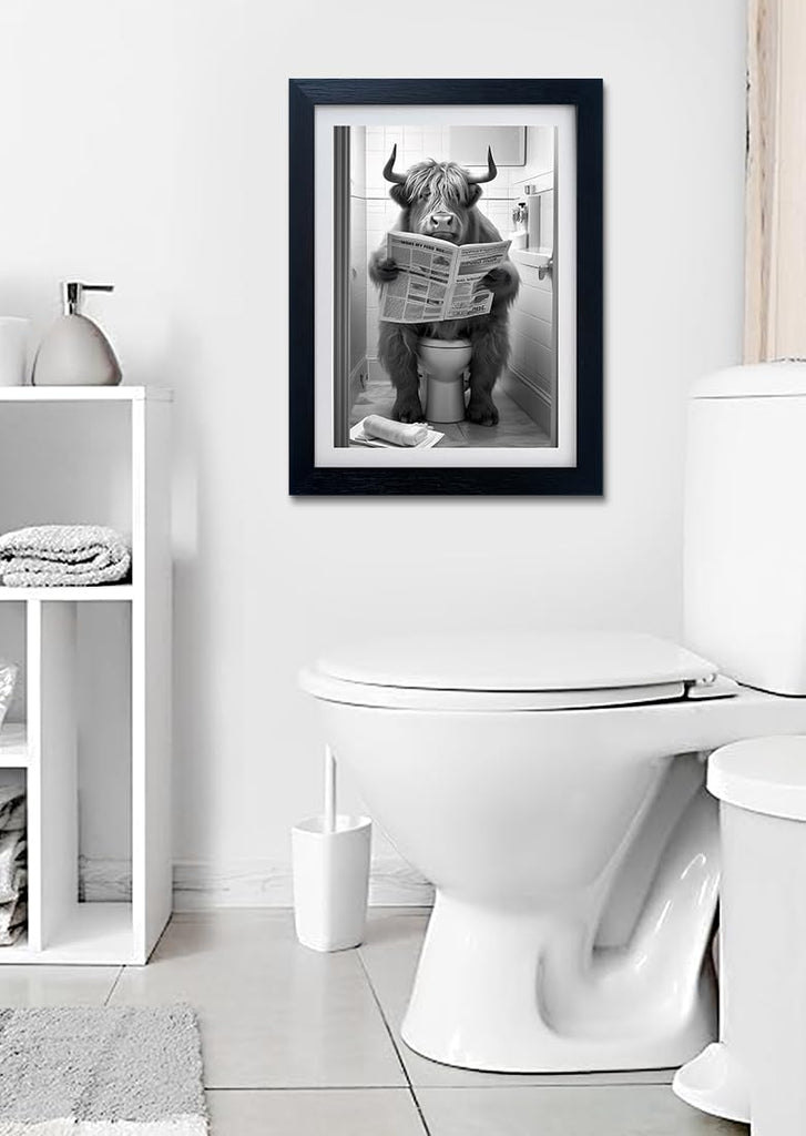 Highland Cow Pictures Bathroom Wall Decor Cow on Toilet Artwork Black and White Funny Bathroom Wall Art Animal Print