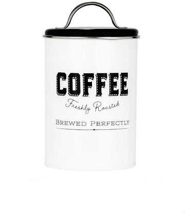 Cottage Metal Coffee Canister (Small) - 42 oz Modern Black & White Tin with Handle Lid, Classic Typography Design for