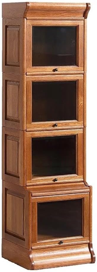 Modern Wood Narrow Barrister Bookcase, Cherry Oak Finish, 67.5" H x 18" W x 17" D, 4 Stacks with Beveled Glass Doors