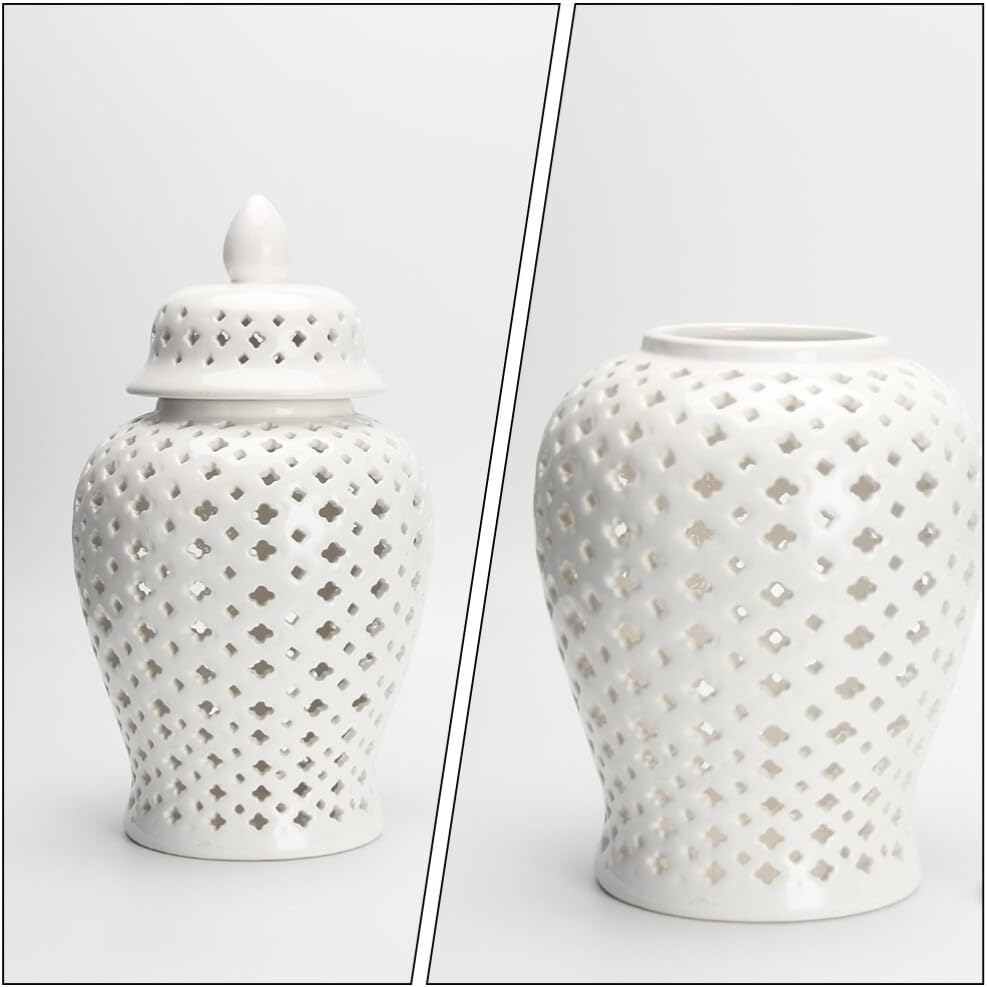 Ginger Jars Decor Traditional Pierced Ginger Jar with Lid Carved Lattice Decorative Temple Jar Cut Out Ceramic Vase