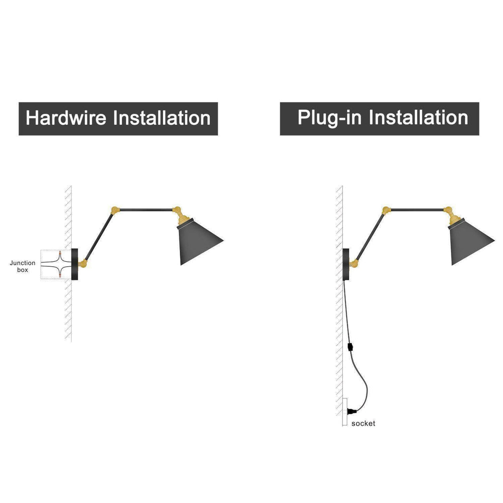 Black Wall Sconces Lighting, 2 Pack Modern Industrial Swing Arm Plug in or Hardwired Adjustable Wall Lamp