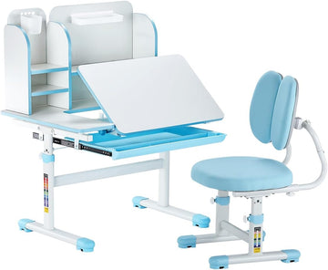 Kids Study Chair and Desk Set, Study Desk and Chair for Kids with Bookshelf & Storage Drawer, Adjustable Height &