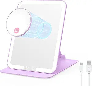 Foldable Travel Makeup Mirror with Lights and 20X Magnification, Rechargeable Tabletop Led Vanity Mirror with