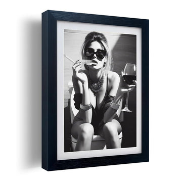Framed Girl on Toilet Wall Art Woman on Toilet Smoking and Drinking Wine Artwork Black and White Bathroom Wall Art