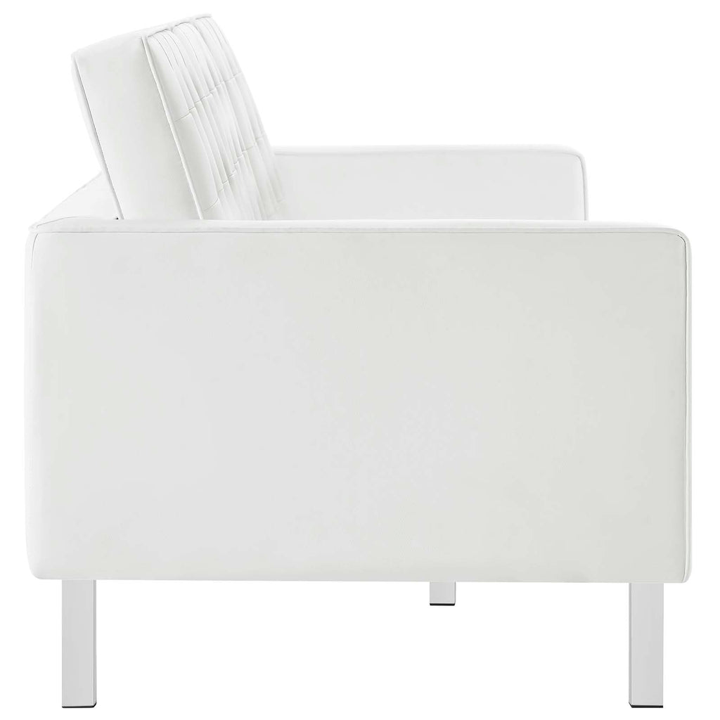 Loft Tufted Button Faux Leather Upholstered Sofa in Silver White