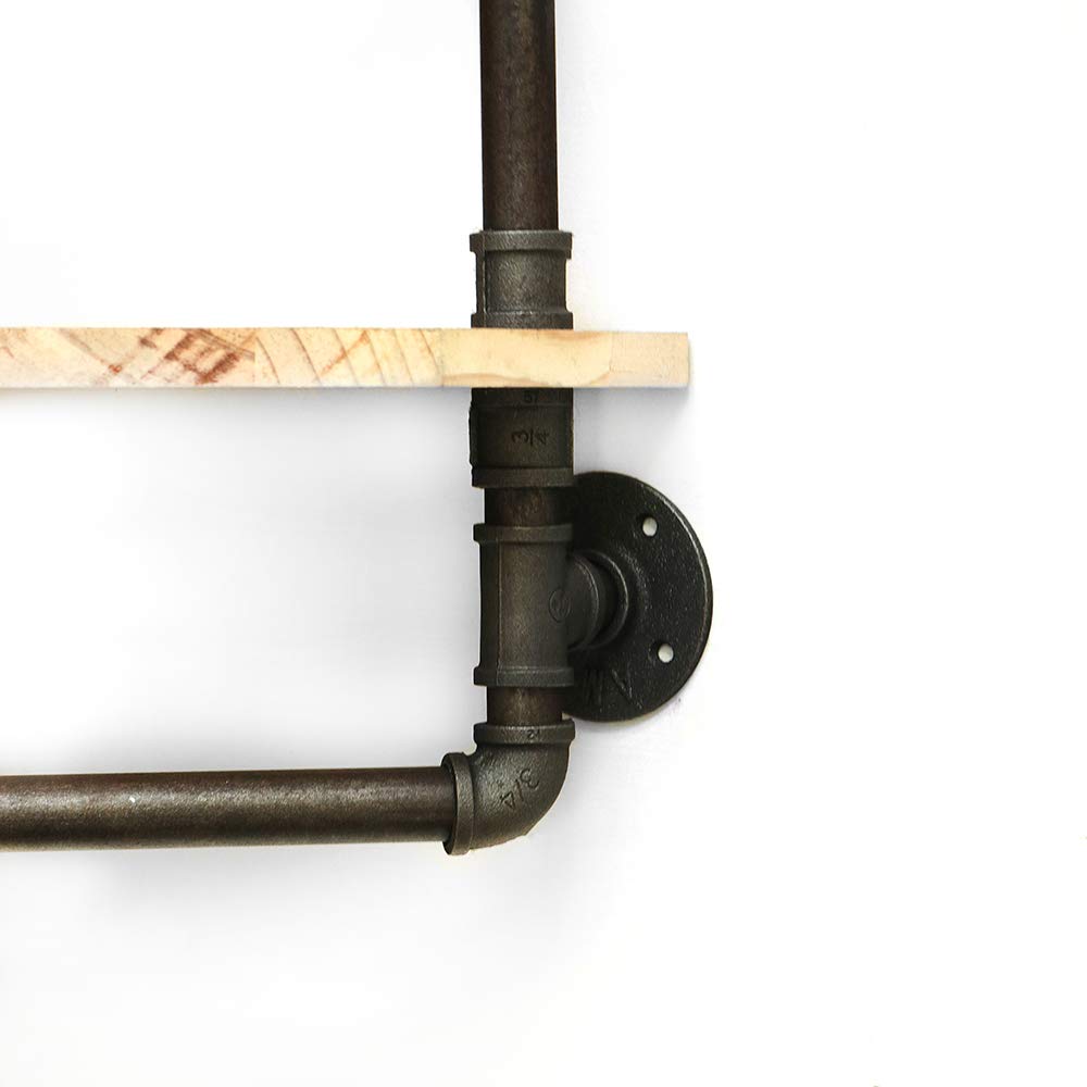 Industrial Pipe Shelf, Rustic Corner Shelves with Towel Bar, Bathroom Shelves Wall Mounted, 3 Tiered Metal&Real Wood