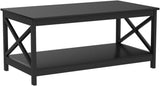Wood 2-Tier Black Coffee Table with Storage Shelf, X Design Accent Cocktail Table, Easy Assembly Home Furniture