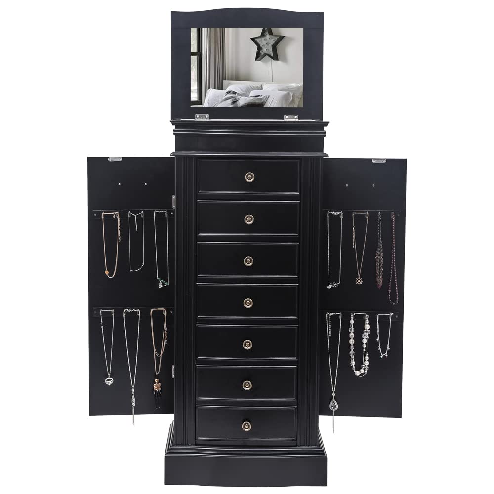 Jewelry Armoire Cabinet with Flip Top Mirror and Compartments - Large Standing Jewelry Chest - Wooden Jewelry Storage